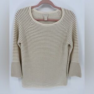 Chicos Women's Striped Metallic Gold Glitter Bell Cuff  Knitted Sweater